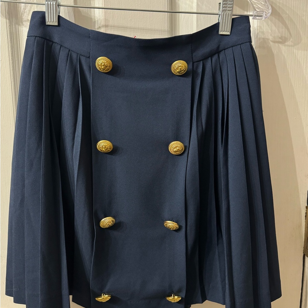 Hutch Anthropologie Navy Blue Pleated Skirt with Gold Buttons Small